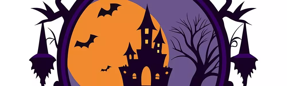 mirror frame showing a haunted mansion against moon backdrop