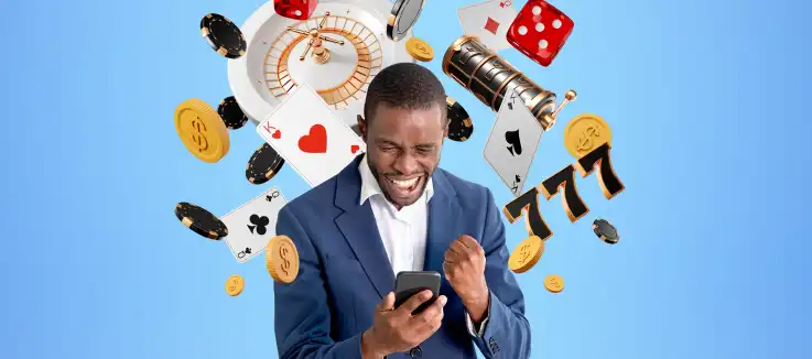 man on his mobile with images of big wins floating around
